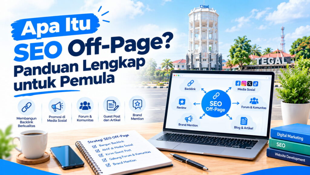Ilustrasi konsep SEO off-page dengan simbol backlink dan jaringan website