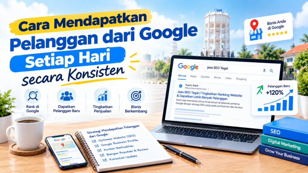 Ilustrasi strategi SEO dan digital marketing untuk cara mendapatkan pelanggan dari Google setiap hari secara konsisten