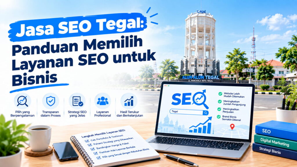 Ilustrasi strategi digital marketing dan jasa seo tegal profesional untuk meningkatkan peringkat website bisnis lokal di Google."