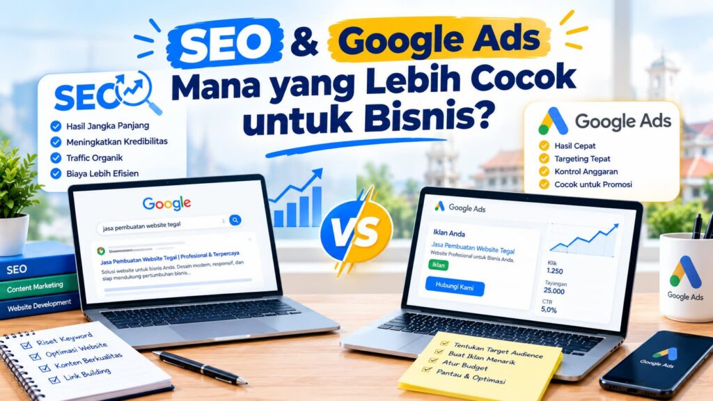 Infografis perbandingan SEO vs Google Ads untuk strategi pemasaran digital bisnis
