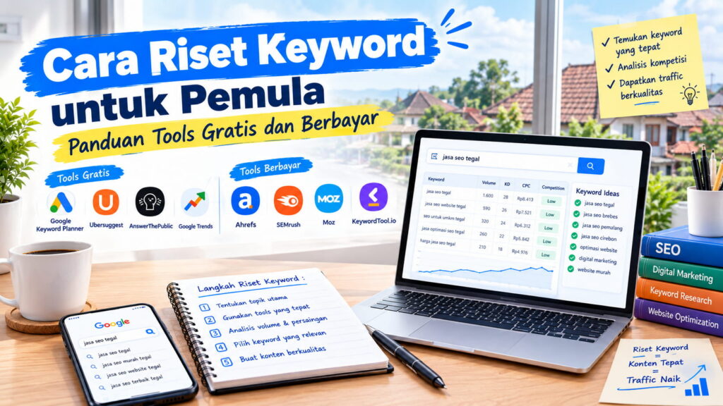 Diagram 6 langkah cara riset keyword untuk pemula dari menentukan topik sampai analisis pesaing