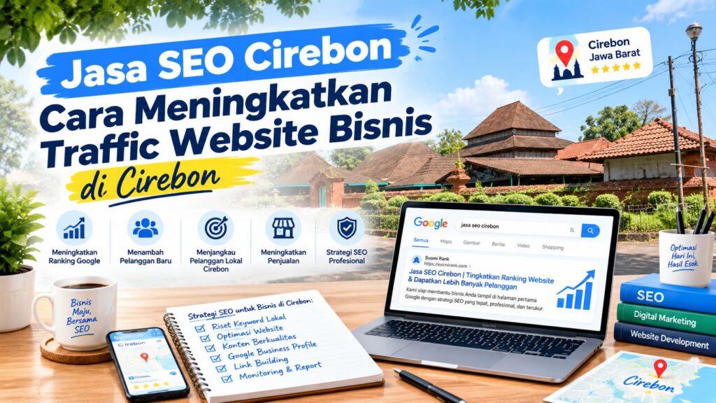 Ilustrasi layanan jasa SEO Cirebon profesional untuk membantu bisnis lokal mendominasi halaman Google