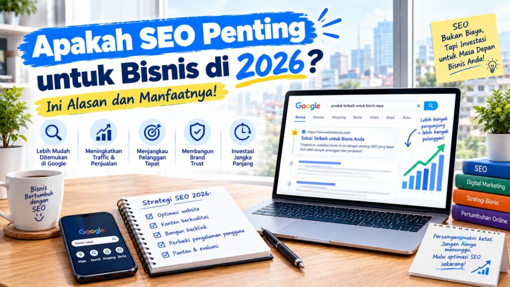 Pemilik bisnis memeriksa grafik traffic website untuk menilai apakah SEO penting untuk bisnis di 2026