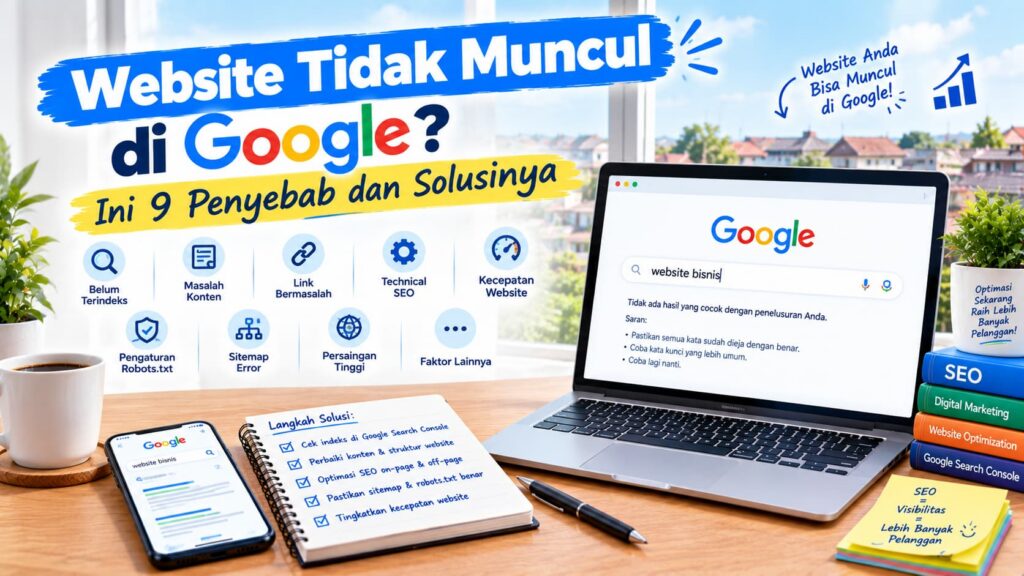 Pemilik bisnis memeriksa website tidak muncul di Google lewat laptop & mobile